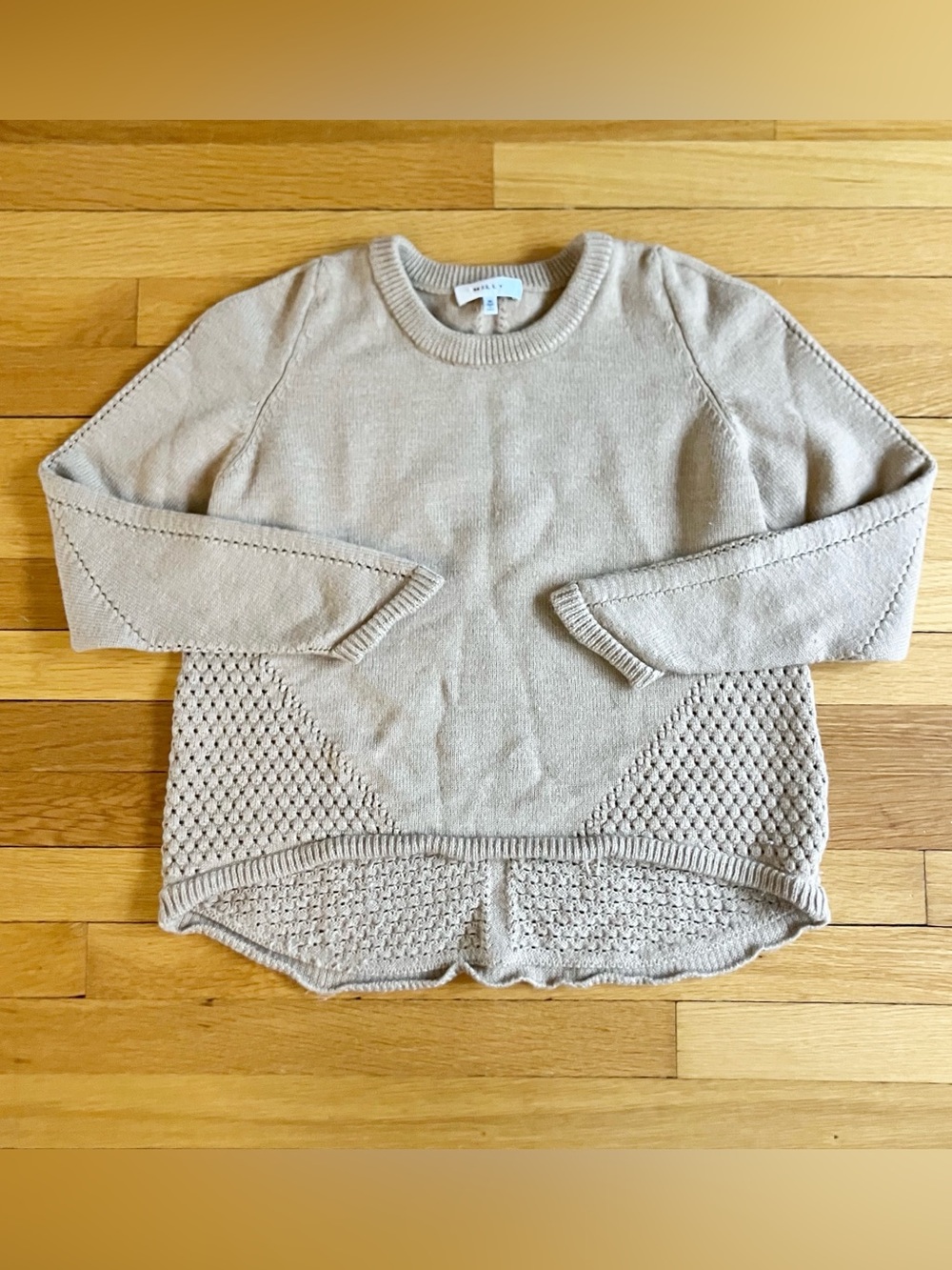 Milly Brown Tan 100% Merino Wool Classic Preppy Knit Crewneck Sweater Medium